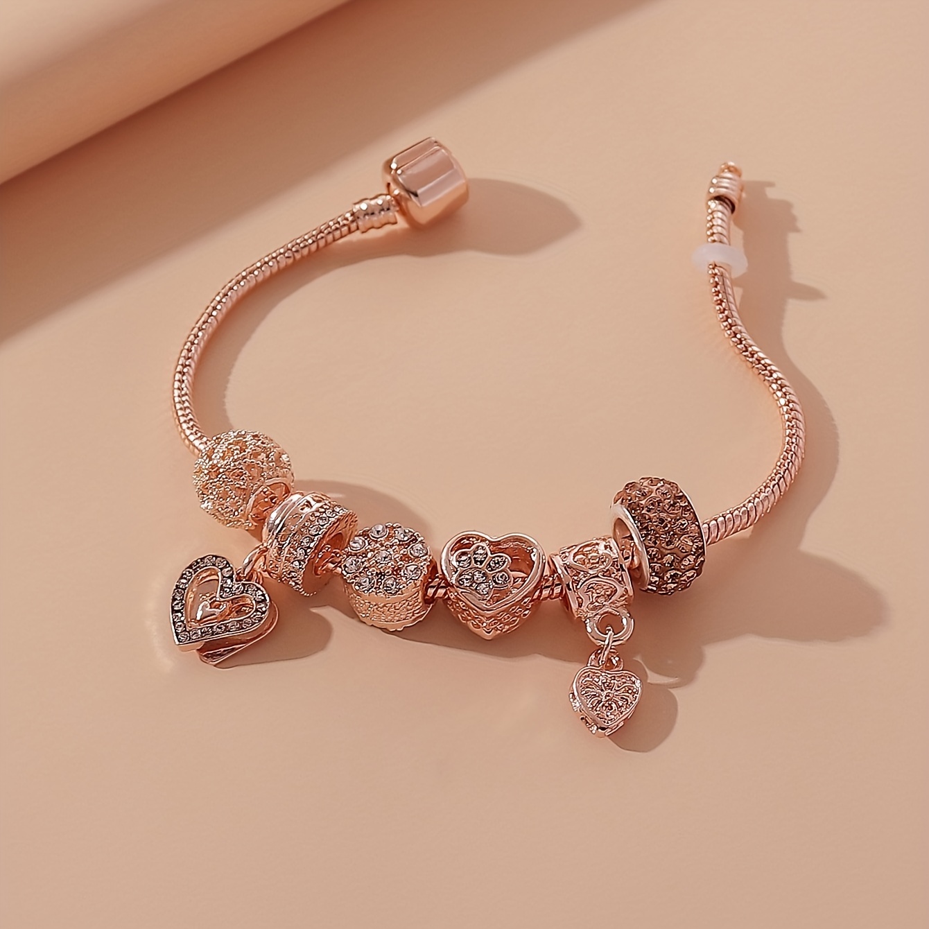 Women's Copper Love Heart Pendant Beaded Bracelet